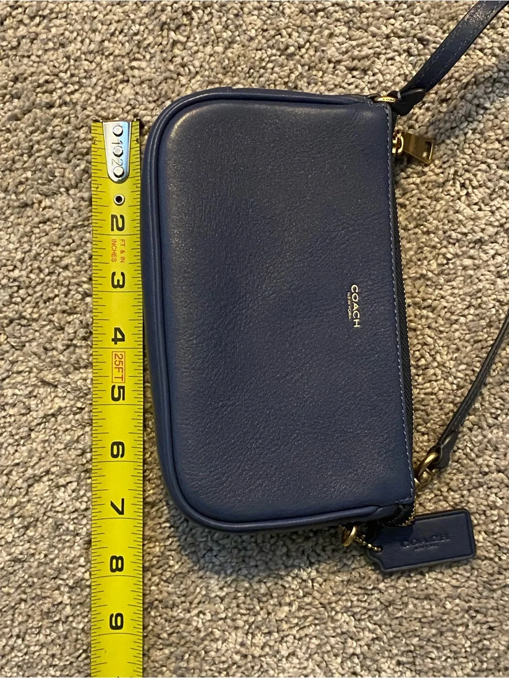 Coach Navy Pebbled Leather Mini Wristlet with Gold Hardware